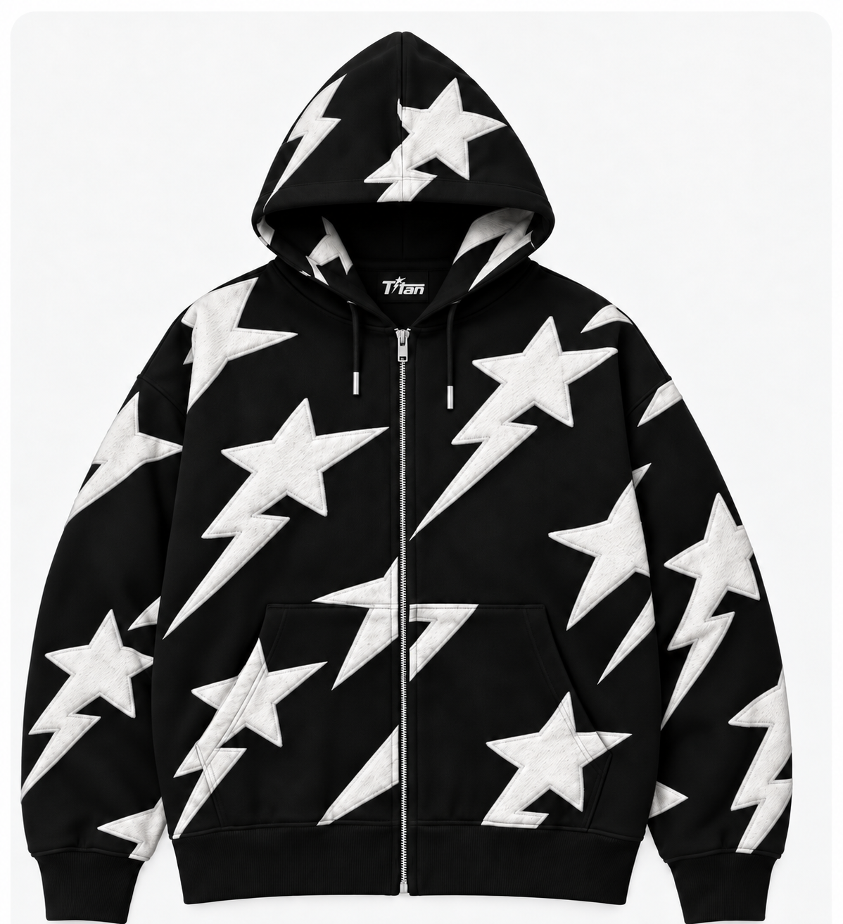 Titan Starmark Patch Hoodie black zip hoodie with embroidered star patches, photo 1