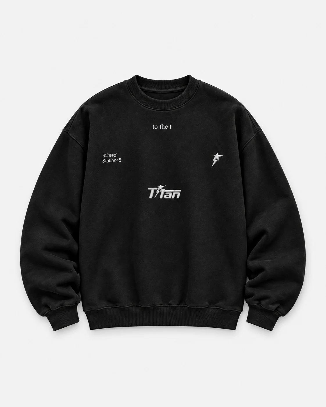 Titan 4-Stitch Pullover black crewneck sweatshirt with wordmark and star seal, photo 2