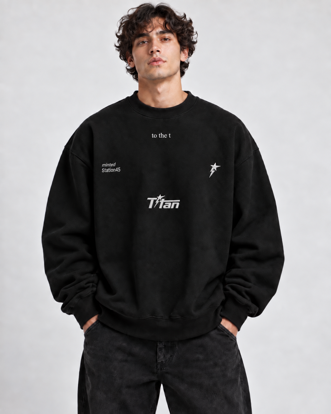 Titan 4-Stitch Pullover black crewneck sweatshirt with wordmark and star seal, photo 1
