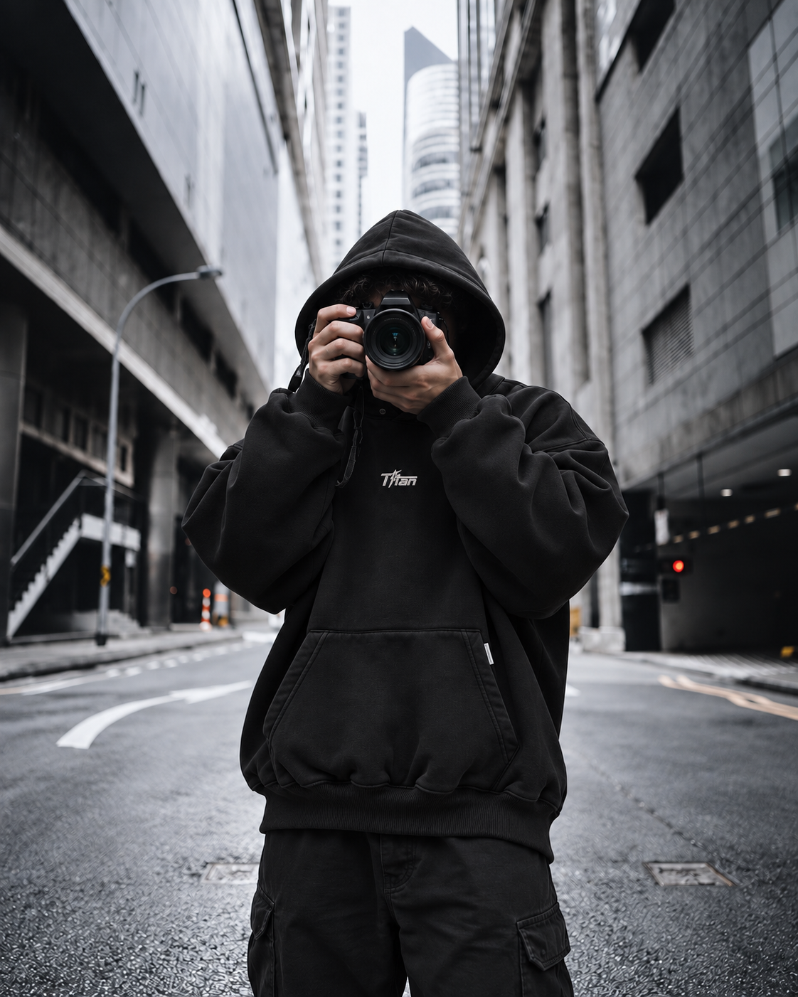Titan Signet Hoodie black oversized pullover hoodie with embroidered wordmark, photo 1